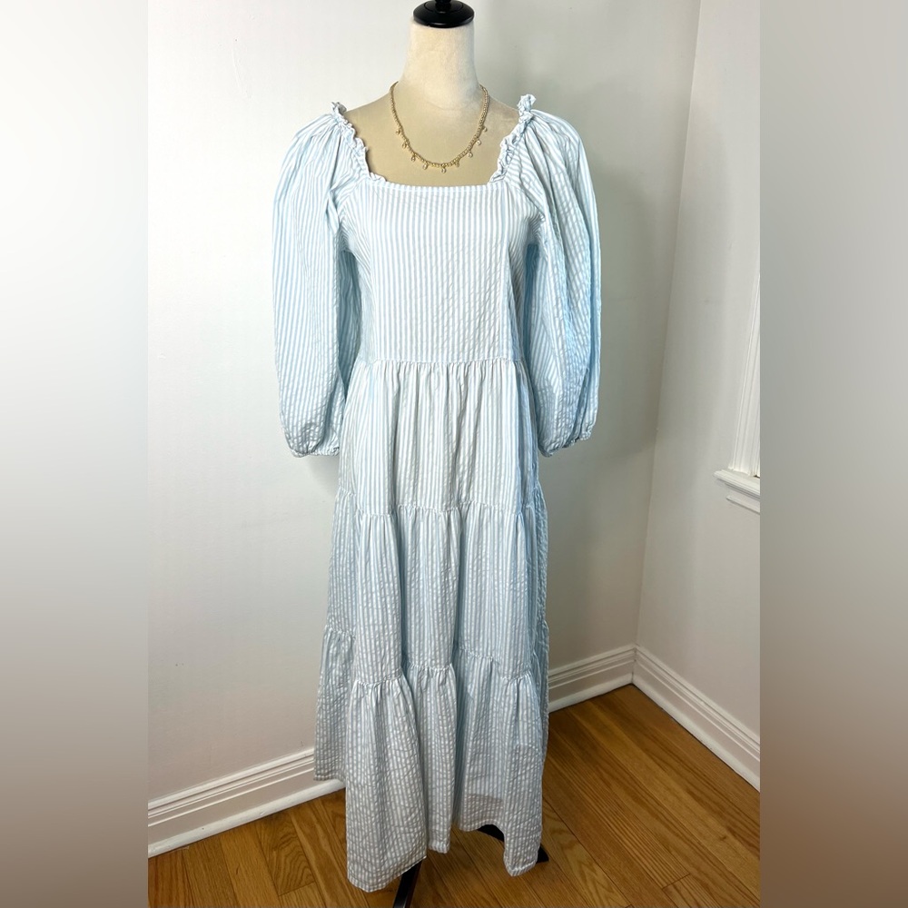 Madison Mathew’s Tuckernuck Maxi Dress White Blue Pin Stripes Coastal SZ S EUC
